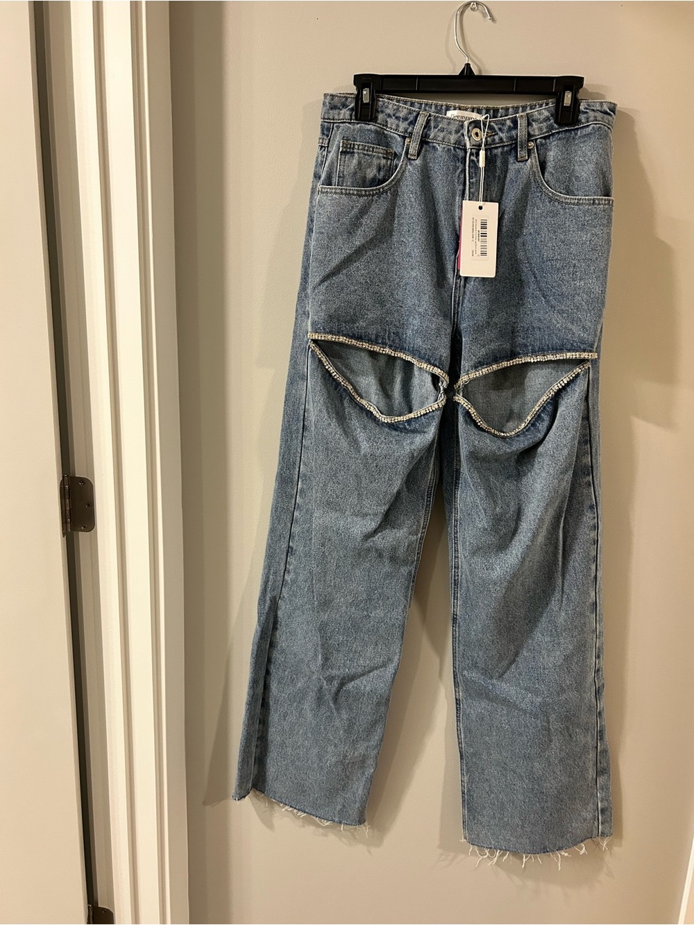 Beginning Boutique Blue Distressed Wide-Leg Jeans with Cutout Panels